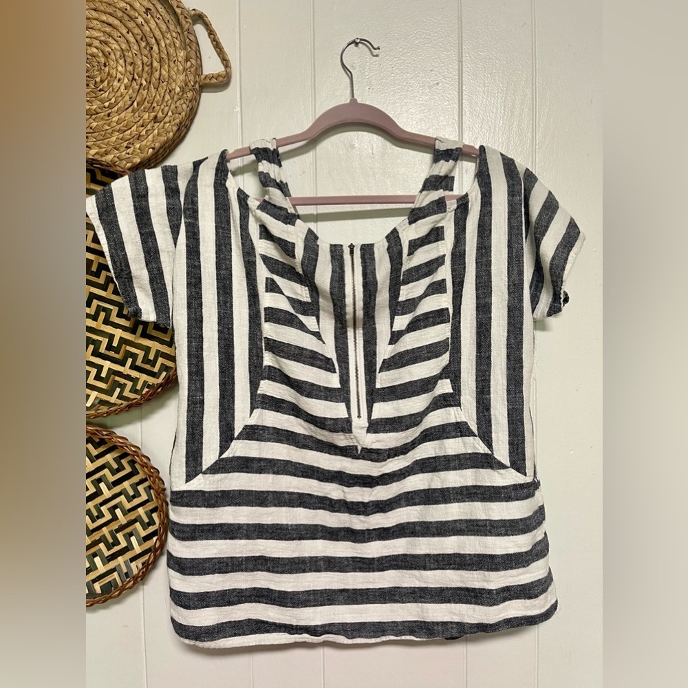 Soft Surroundings Gray Tunic Cold Shoulder Linen Blend Striped Top Size PXL - Picture 4 of 7